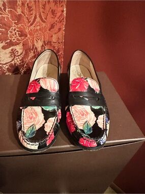 Cole Haan Black Floral Leather Penny Loafers - Pink & Red Roses, hand stitched